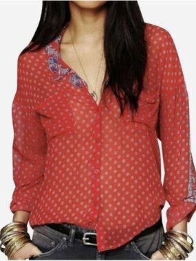 Free People Easy Rider Red Paisley Sheer Button Down Blouse High Low Top Small